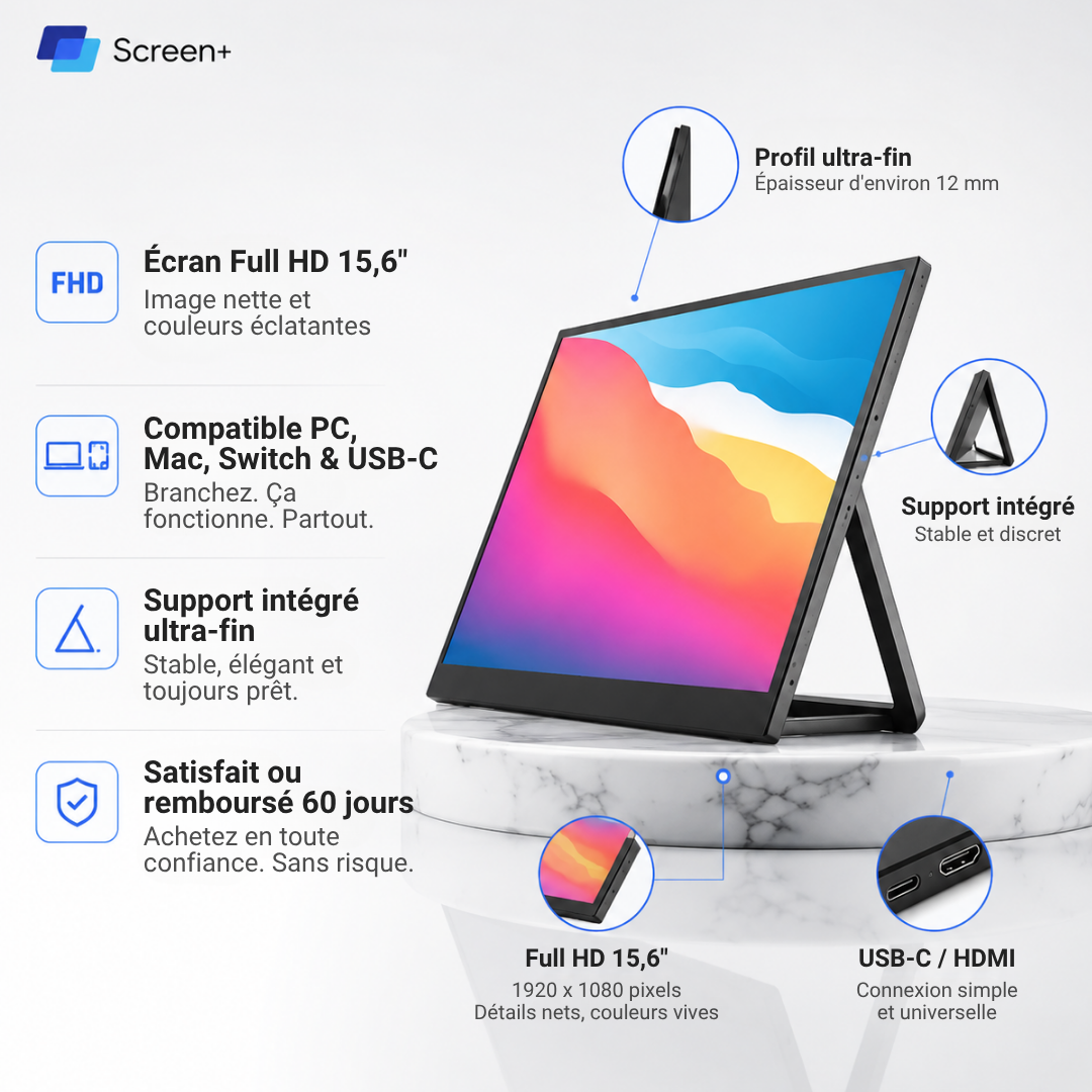 Screen+ Duo 14 — Écran portable 14″ 1920 × 1200, USB-C & HDMI